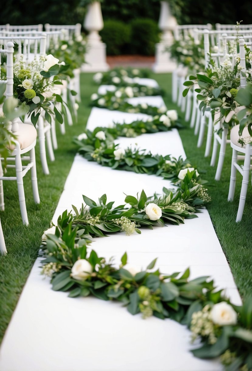 Lush green garlands wind their way along the wedding aisle, intertwined with delicate seasonal blooms and foliage