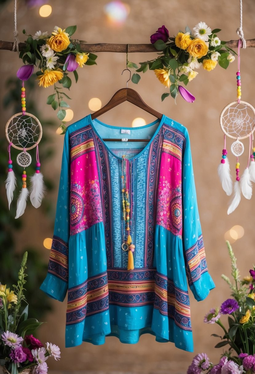 A colorful bohemian-style tunic hangs on a wooden hanger, surrounded by flowers and dreamcatchers, with a whimsical and playful vibe