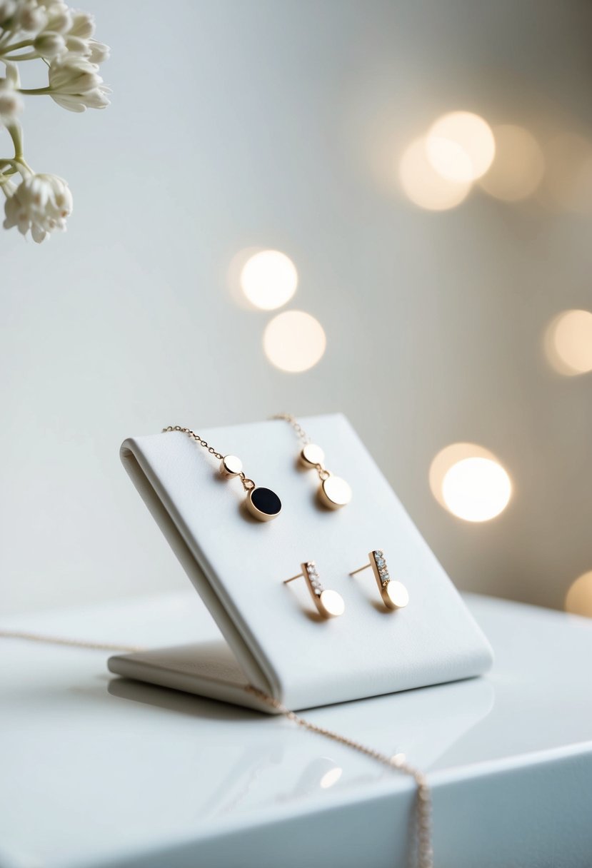 A simple, elegant display of stud earrings and a necklace on a clean, white surface with soft lighting