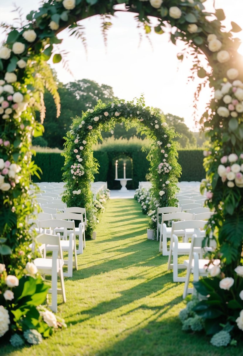 A lush garden wedding aisle framed by oversized floral arches