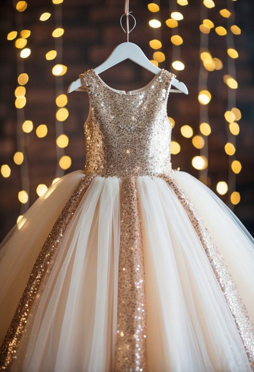 A sparkling ballgown with sequins and tulle, fit for a child's dream wedding