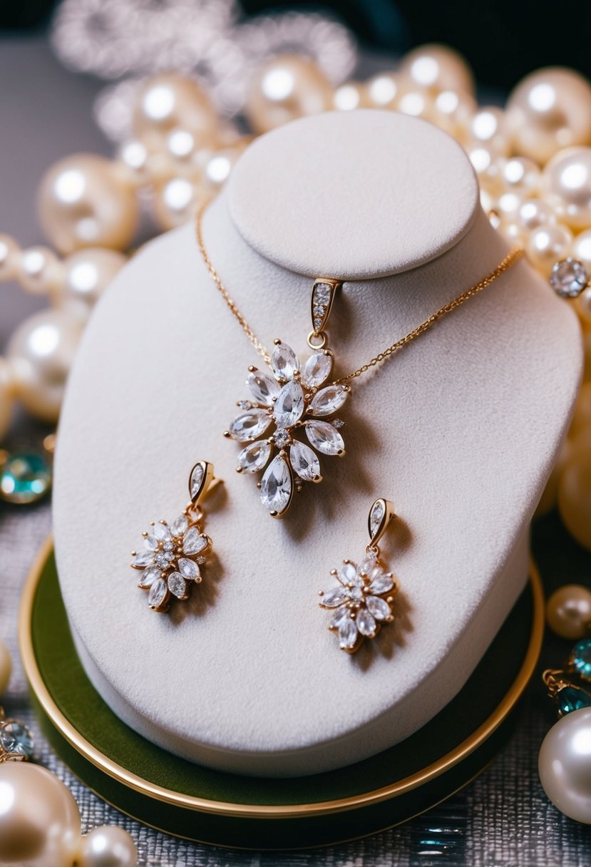 A delicate cluster pendant necklace and matching earrings on a velvet display, surrounded by sparkling gemstones and pearls