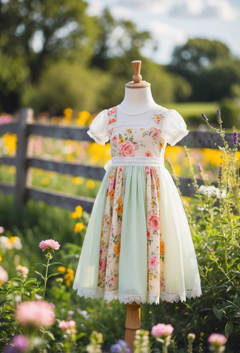 A charming garden dress with floral patterns, lace details, and a flowing skirt, surrounded by blooming wildflowers and a rustic wooden fence