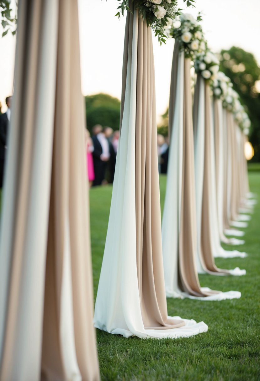 Flowing fabrics drape along the wedding aisle, gently swaying in the breeze, creating an elegant and romantic atmosphere