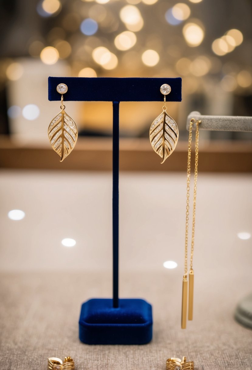 A pair of gold leaf design earrings and a matching necklace displayed on a velvet jewelry stand