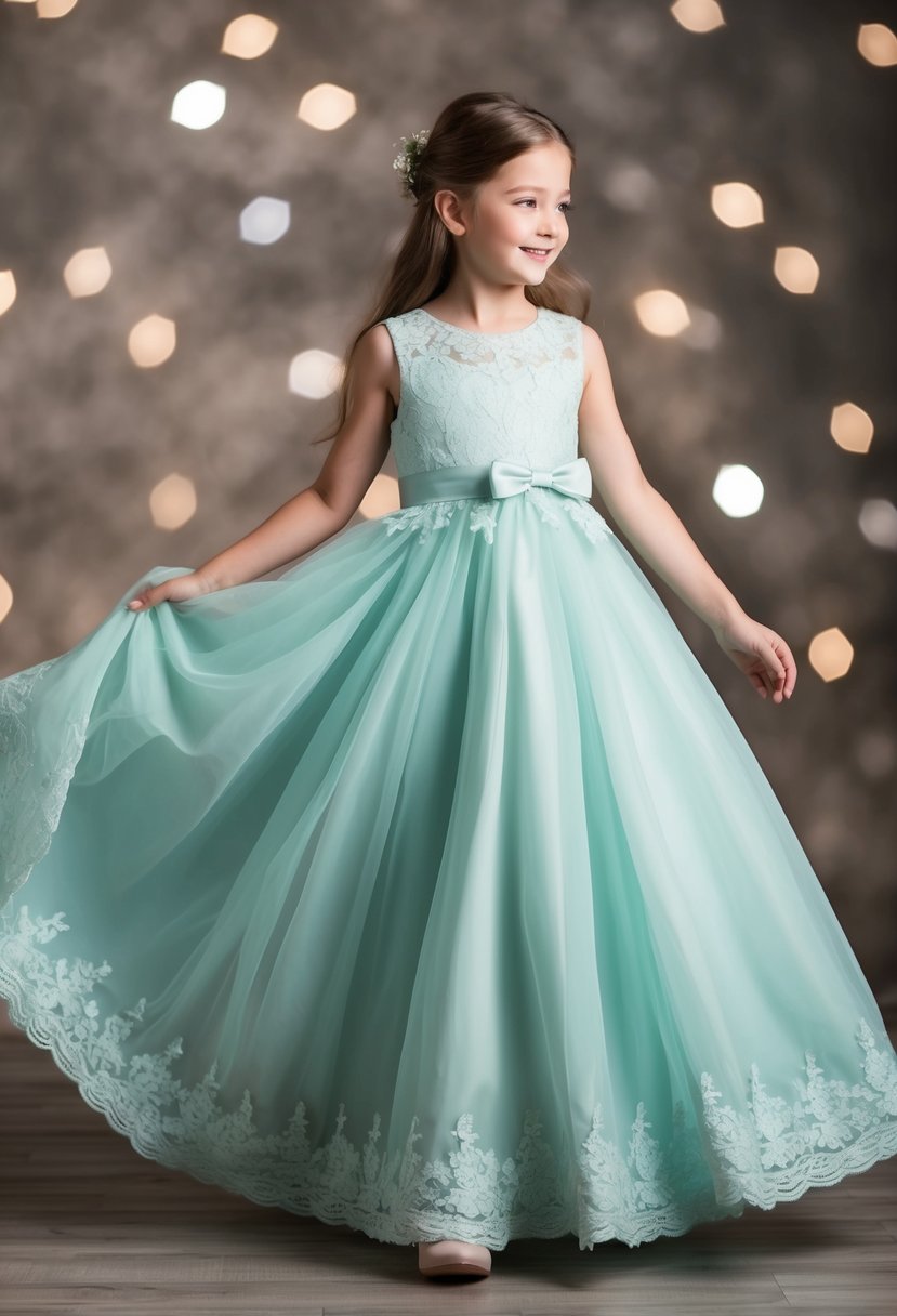 A young girl twirls in a floor-length A-line gown, adorned with delicate lace and a bow at the waist. The dress is a soft pastel color, and the skirt billows out as she spins