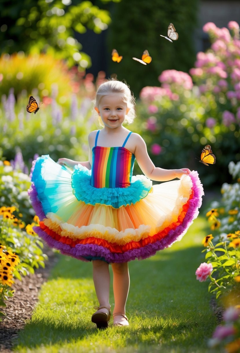 A whimsical rainbow petticoat dress twirls in a sunlit garden, surrounded by blooming flowers and fluttering butterflies