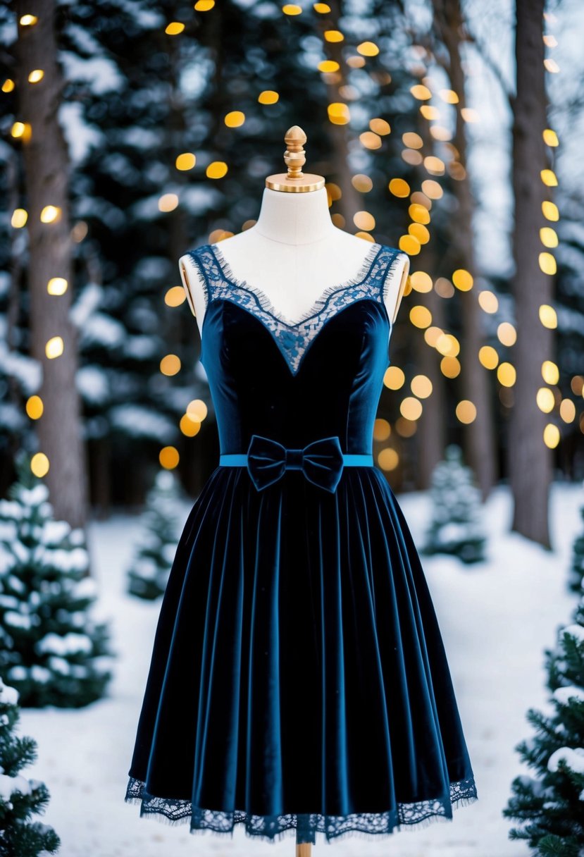 A velvet winter dress displayed on a mannequin with lace details and a bow, surrounded by snowy trees and twinkling lights