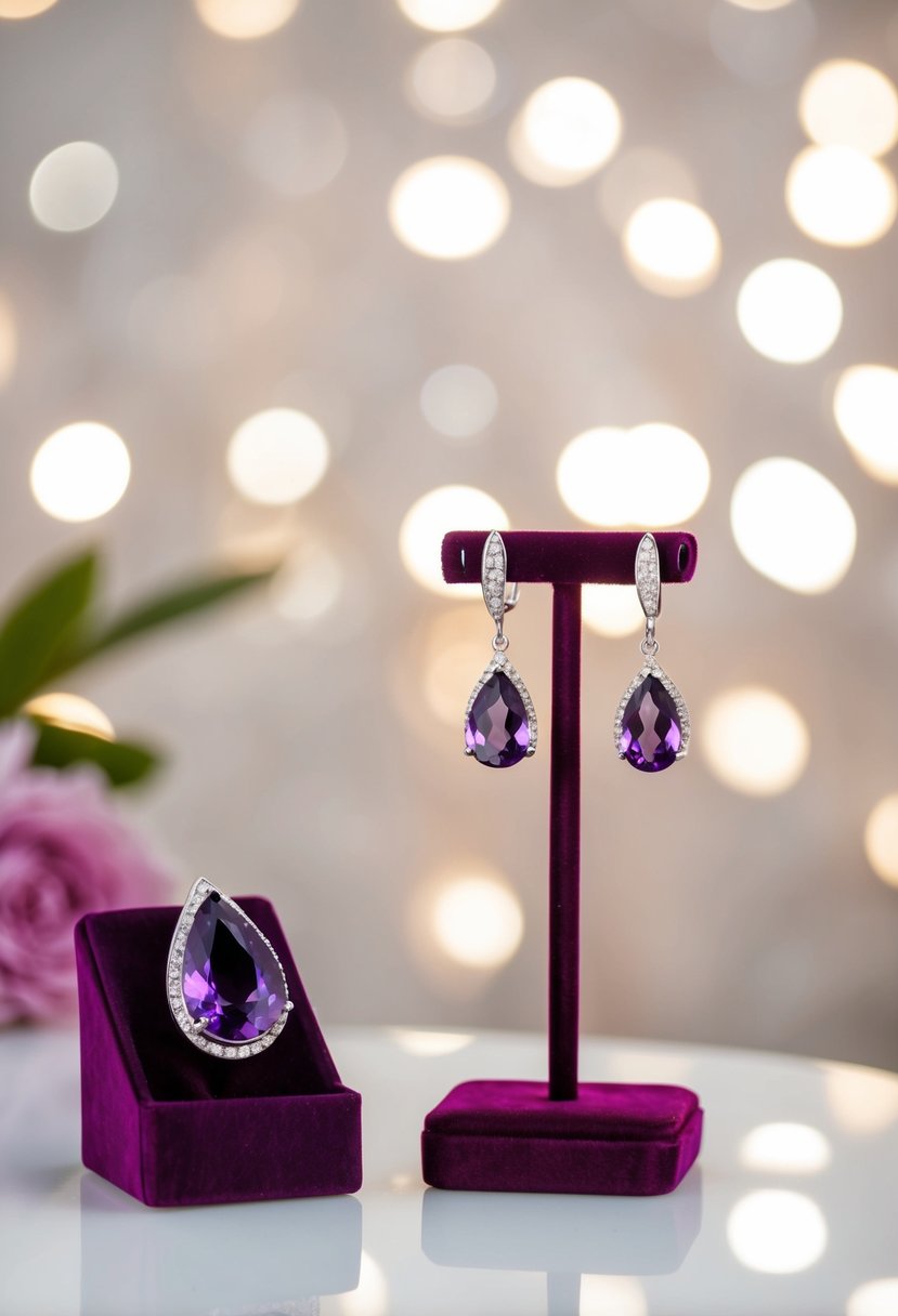 A sparkling amethyst teardrop earrings and necklace set displayed on a velvet jewelry stand