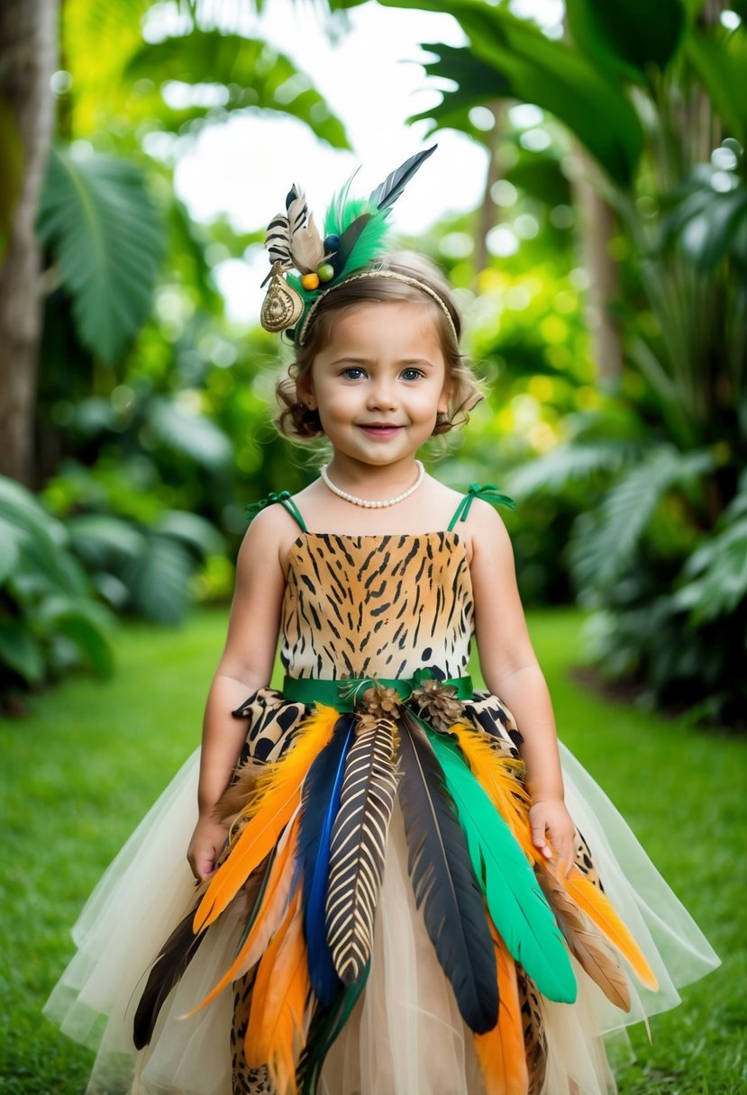 A child in a safari-themed wedding dress, adorned with animal prints, feathers, and jungle-inspired accessories, standing in a lush, tropical setting