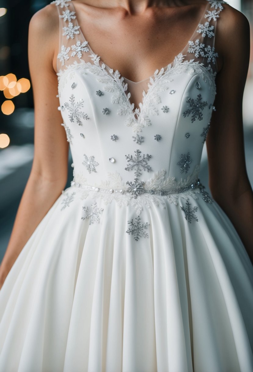 A white dress with snowflake embellishments on the bodice, flowing skirt, and delicate lace details