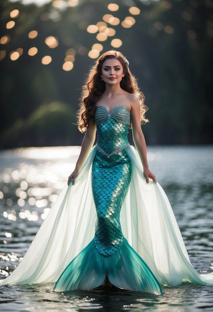 A young mermaid wearing a flowing gown made of shimmering scales, with a long, elegant tail trailing behind her