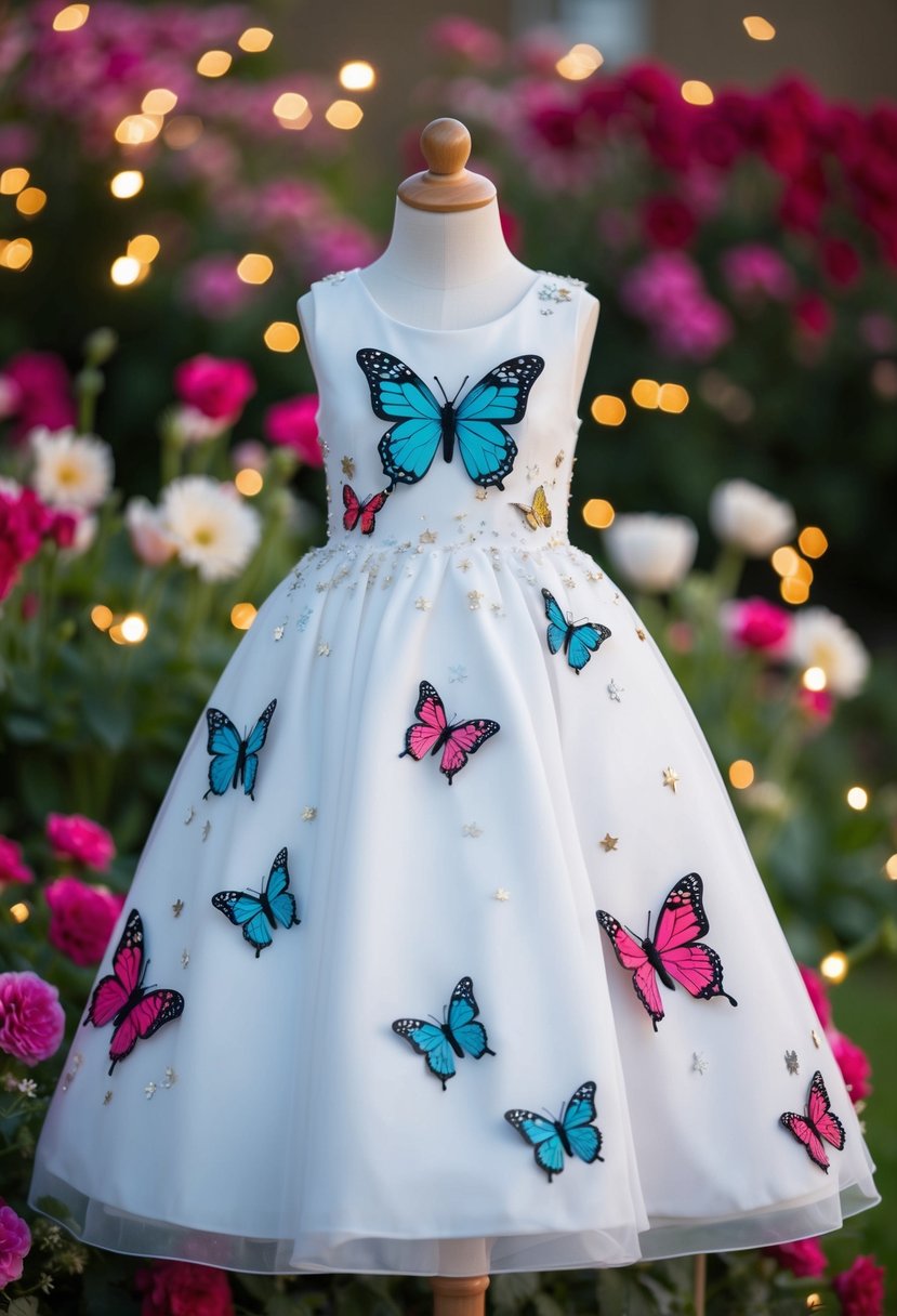 A whimsical dress with butterfly appliques, surrounded by flowers and sparkles