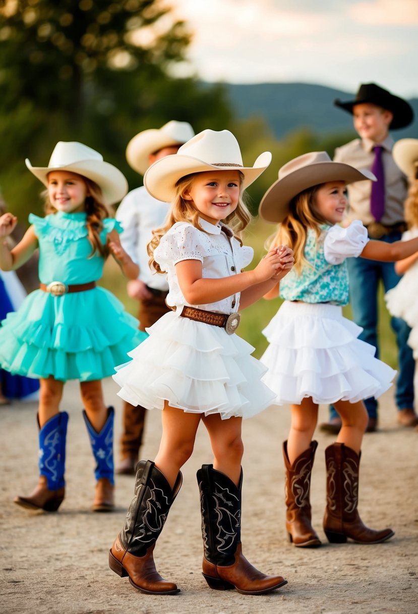 A group of children wearing country western attire, including cowboy boots, hats, and frilly dresses, dancing at a rustic outdoor wedding