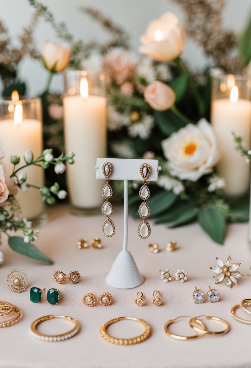 A table adorned with various elegant earring designs, surrounded by delicate floral arrangements and soft candlelight