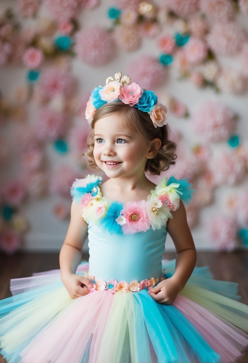 A vibrant tutu ensemble with playful ruffles and pastel colors, adorned with delicate floral accents