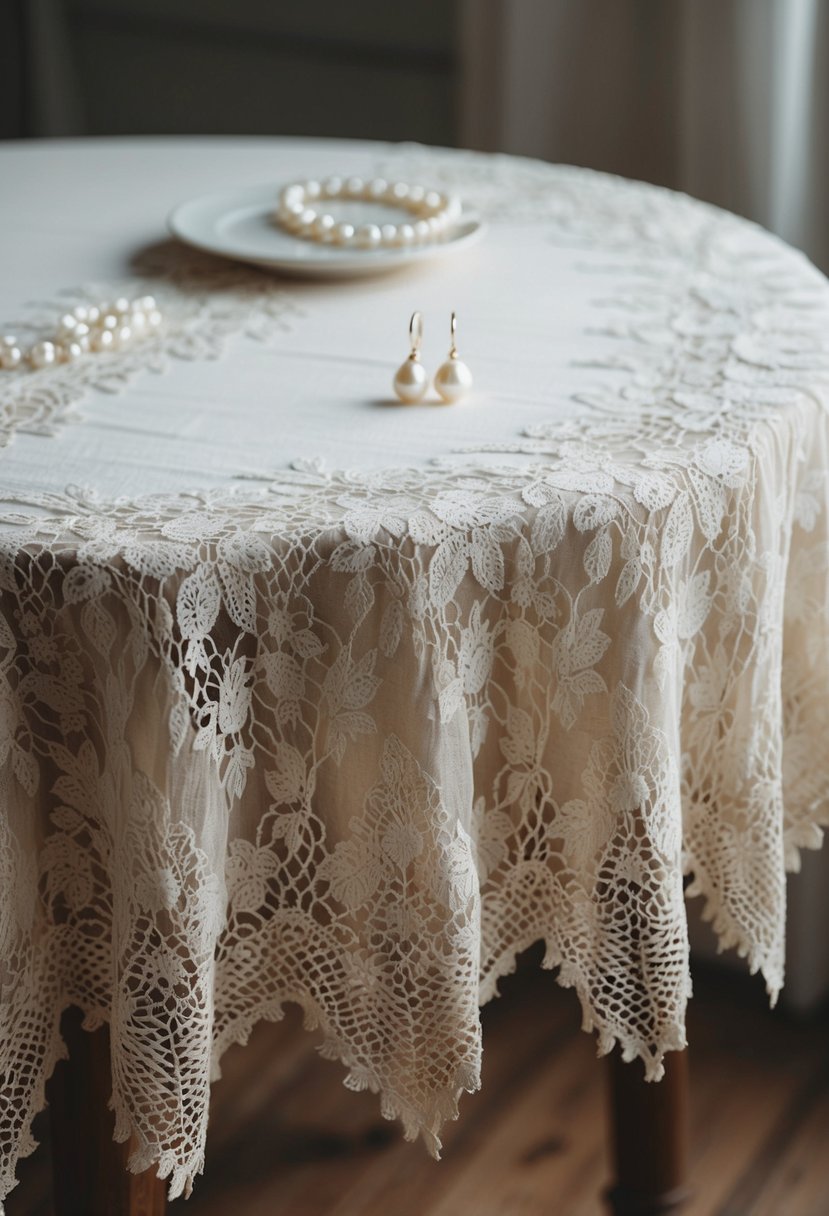 A vintage lace tablecloth draped over a wooden table, adorned with a pair of delicate pearl drop earrings. A soft, romantic atmosphere with muted lighting