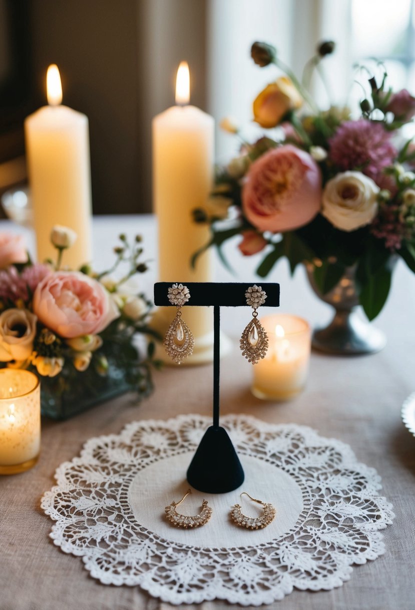 A vintage table with 1960s-inspired wedding earrings displayed on a lace doily, surrounded by delicate floral arrangements and soft candlelight