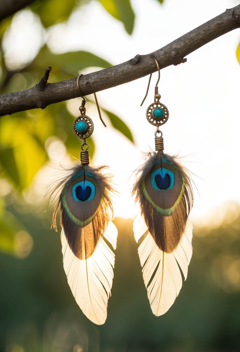 A pair of bohemian feather chandelier earrings hanging from a rustic tree branch, with soft sunlight filtering through the leaves