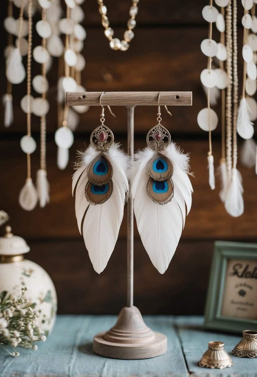 A pair of bohemian feather chandelier earrings hanging from a rustic wooden display, surrounded by vintage 60s wedding decor