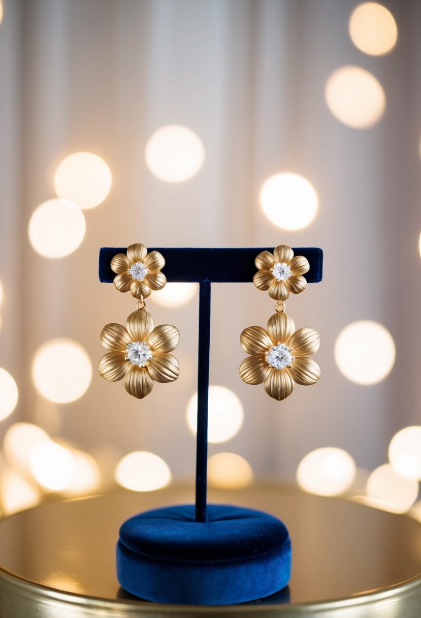 A pair of elegant gold floral drop earrings displayed on a velvet cushion, surrounded by soft, romantic lighting