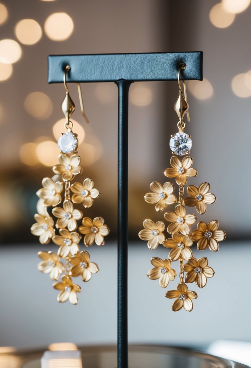 A pair of elegant gold floral drop earrings, reminiscent of 60s wedding fashion, hanging from a display stand