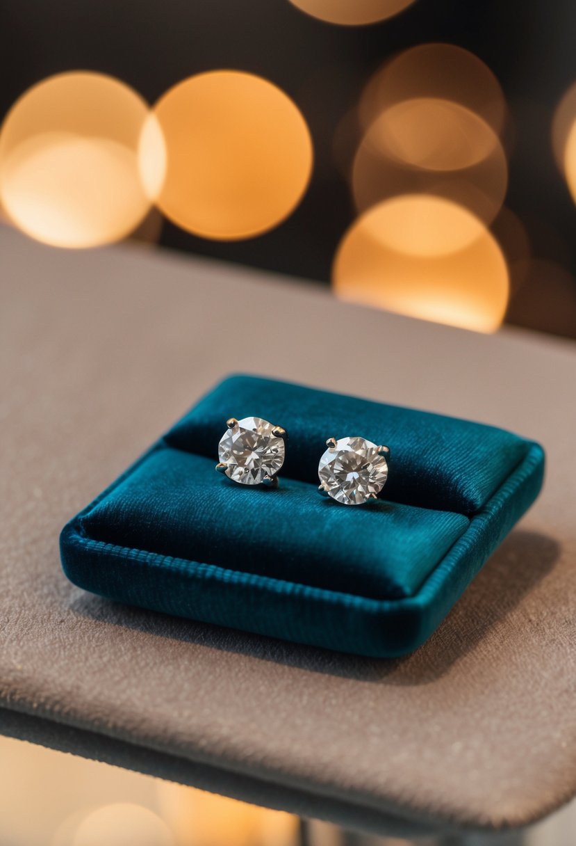 A pair of diamond studs glimmering on a velvet cushion under soft, warm lighting