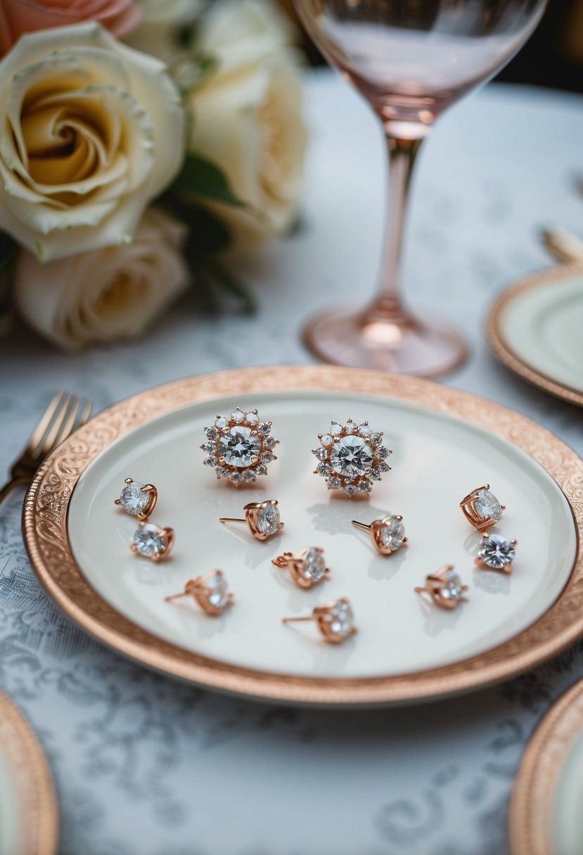 A pair of rose gold diamond scattered earrings displayed on a vintage 1960s wedding table setting