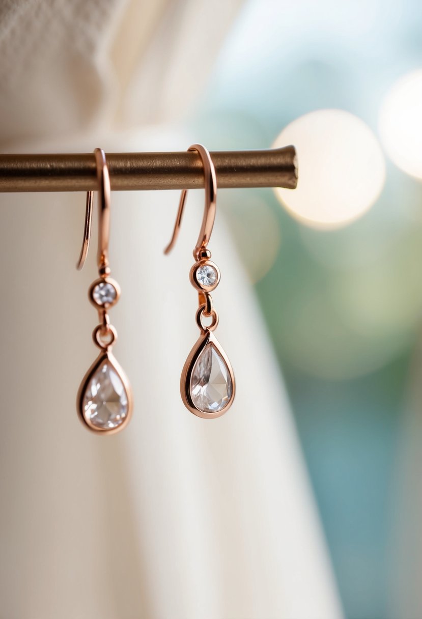 A delicate teardrop earring dangles from a rose gold setting, catching the light in a bridal setting