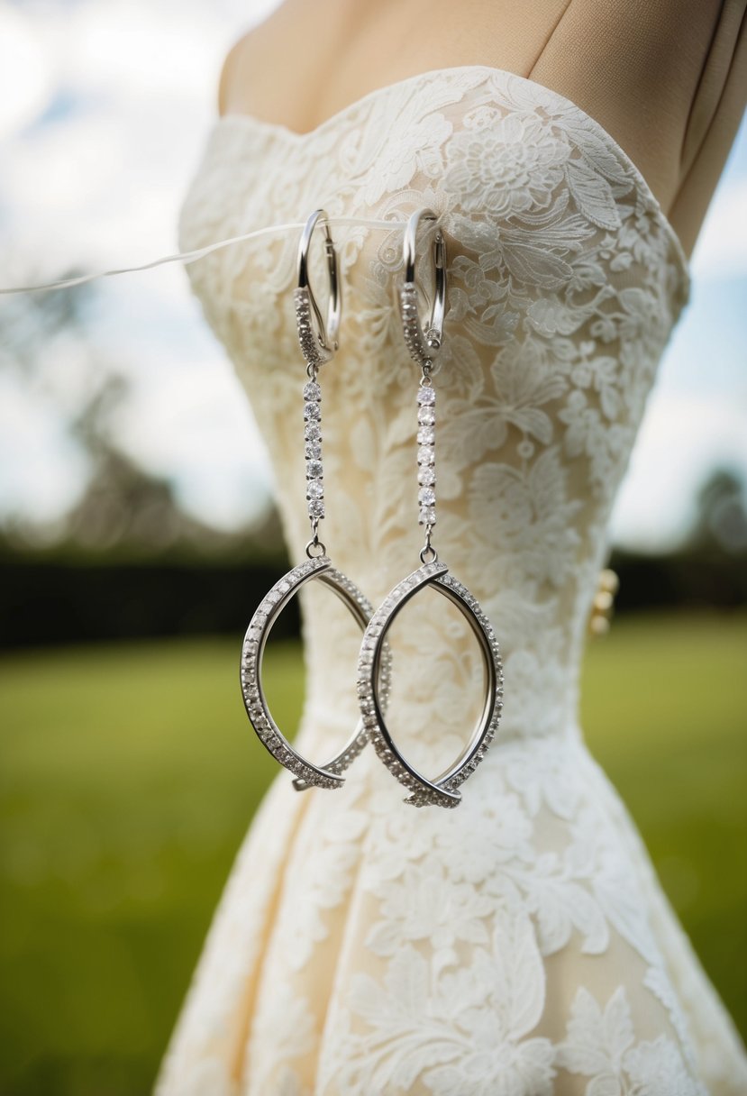 A pair of Eternity Knot Diamond Hoops dangle from a vintage wedding dress, capturing the essence of 60s elegance and sophistication