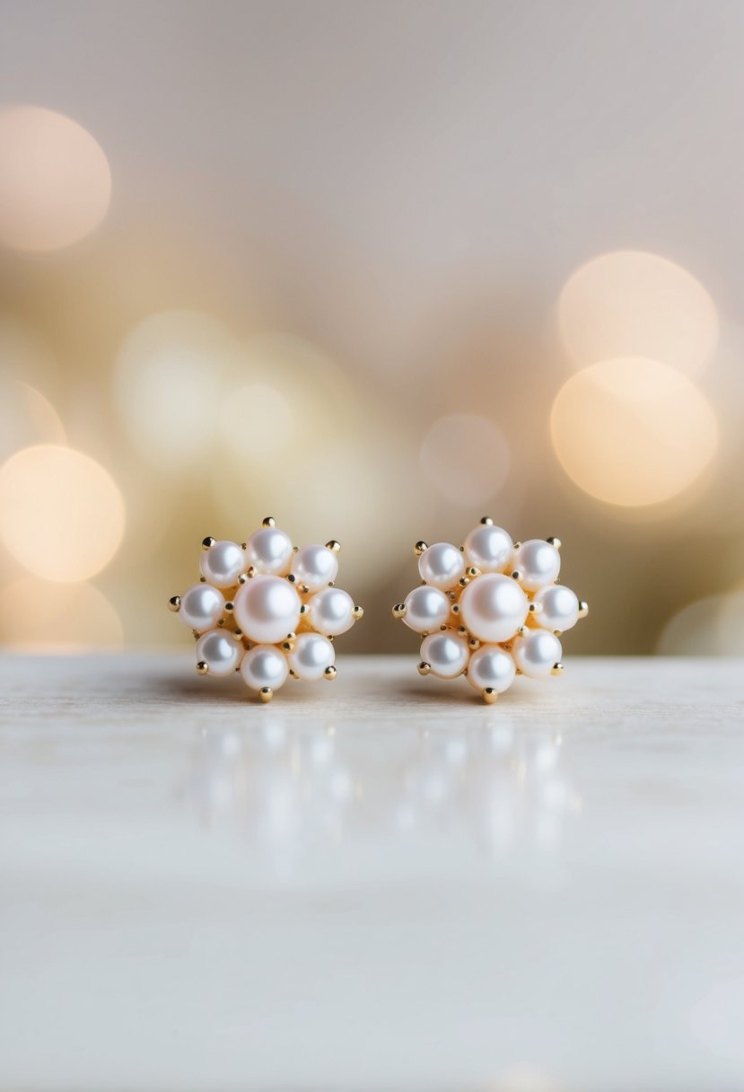 A close-up of pearl cluster studs against a soft, romantic background, evoking elegance and sophistication for wedding earring ideas