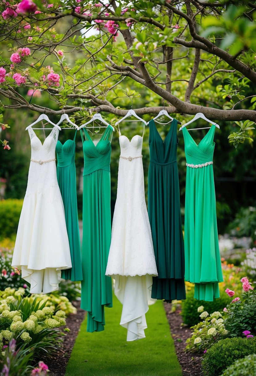 A lush garden with a variety of green wedding dresses hanging from tree branches, surrounded by blooming flowers and foliage