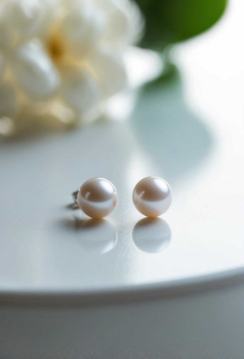 Two simple pearl studs on a clean, white surface, with soft lighting to highlight their elegance