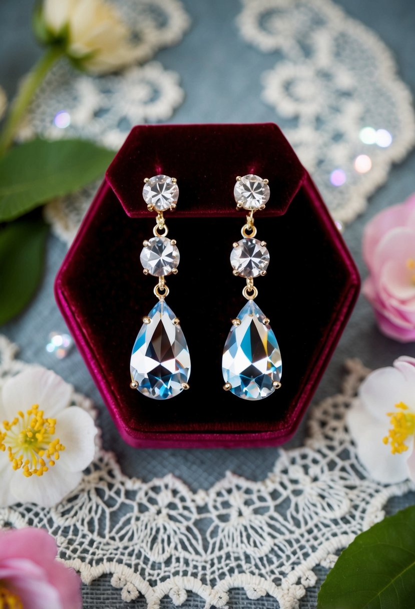 A pair of Swarovski crystal danglers sparkle on a velvet display, surrounded by delicate lace and floral accents