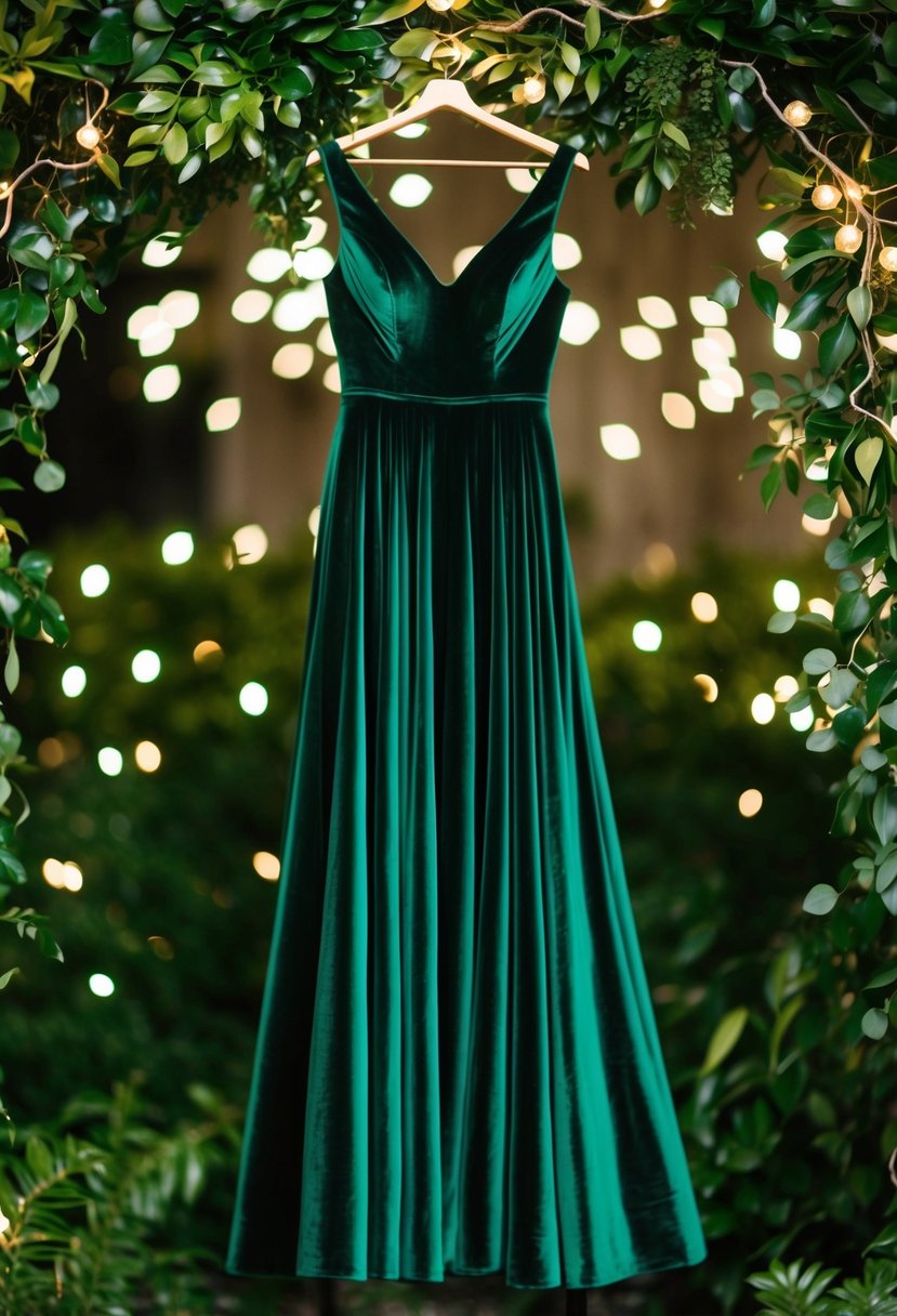 An emerald green velvet gown hangs on a golden hanger, surrounded by lush greenery and sparkling fairy lights