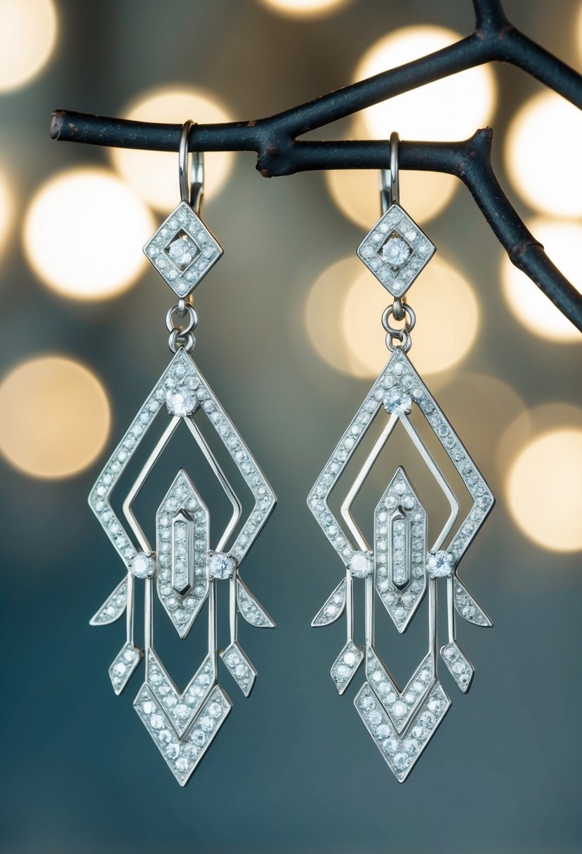 A pair of elegant, dangling Art Deco earrings from the 1960s, featuring intricate geometric patterns and sparkling gemstones