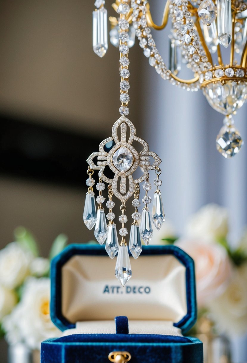 A sparkling Art Deco crystal chandelier earring dangles from a velvet jewelry box, catching the light in a luxurious bridal setting