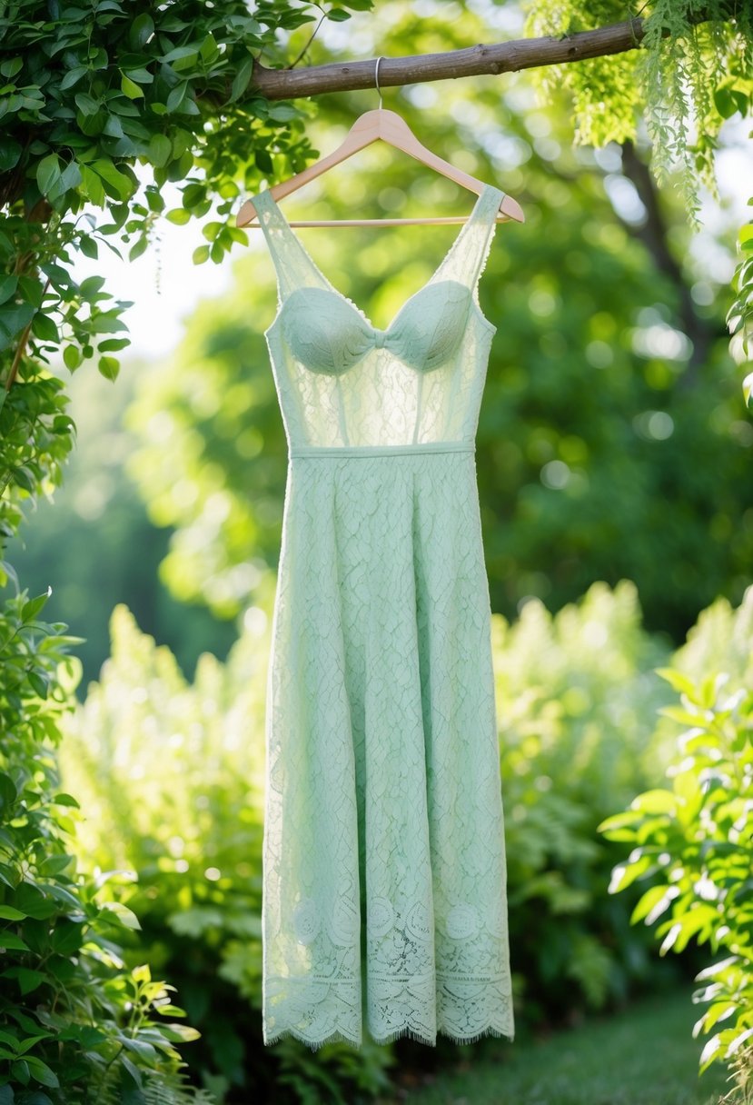 A delicate sage green lace dress hangs on a hanger, surrounded by lush greenery and soft natural light