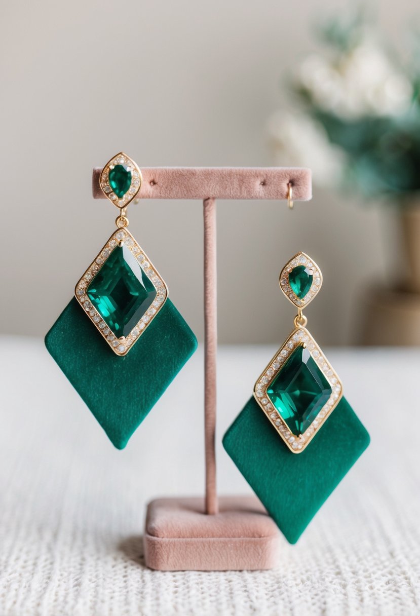 Two emerald green statement earrings displayed on a velvet jewelry stand