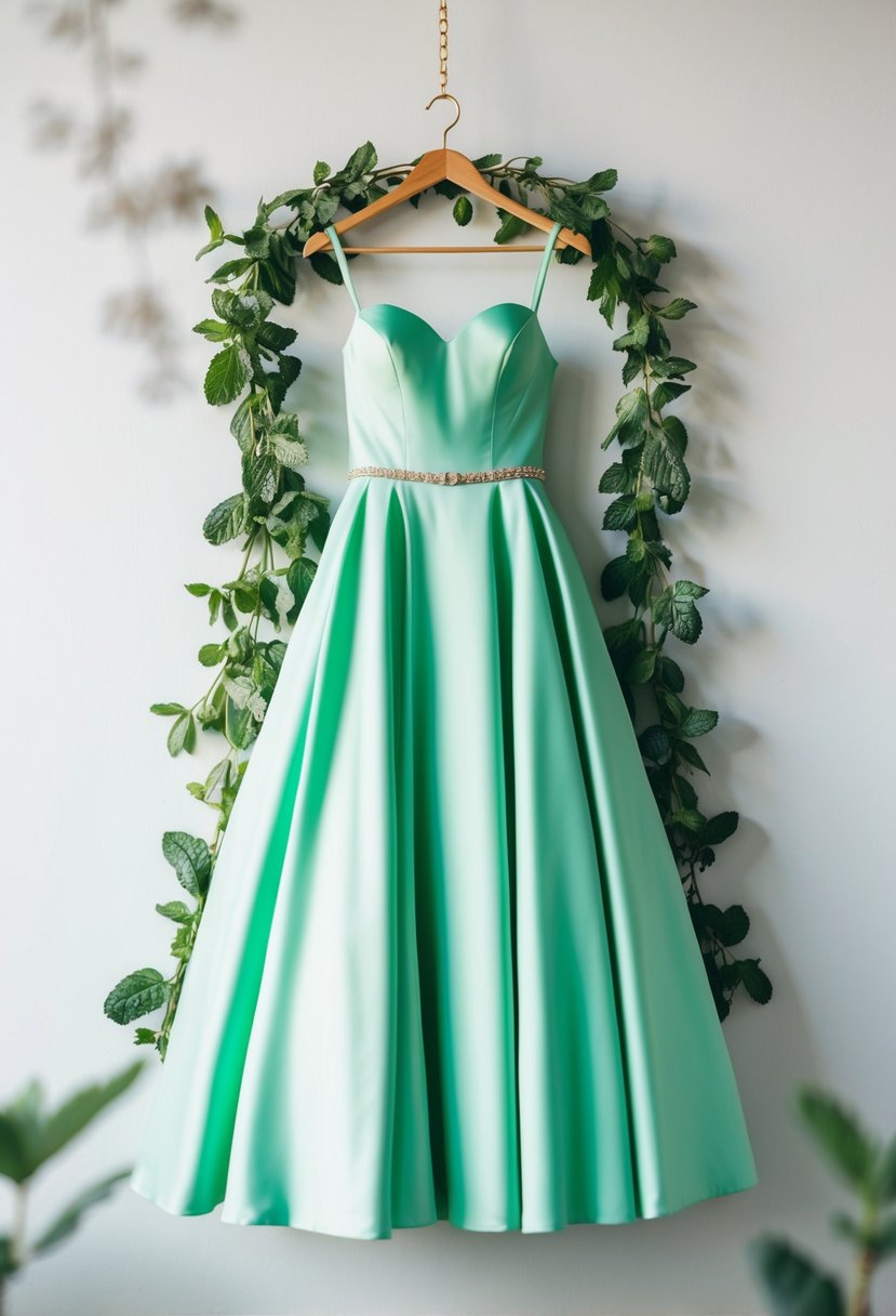 A mint green A-line gown hanging from a golden hanger, surrounded by fresh mint leaves and delicate greenery