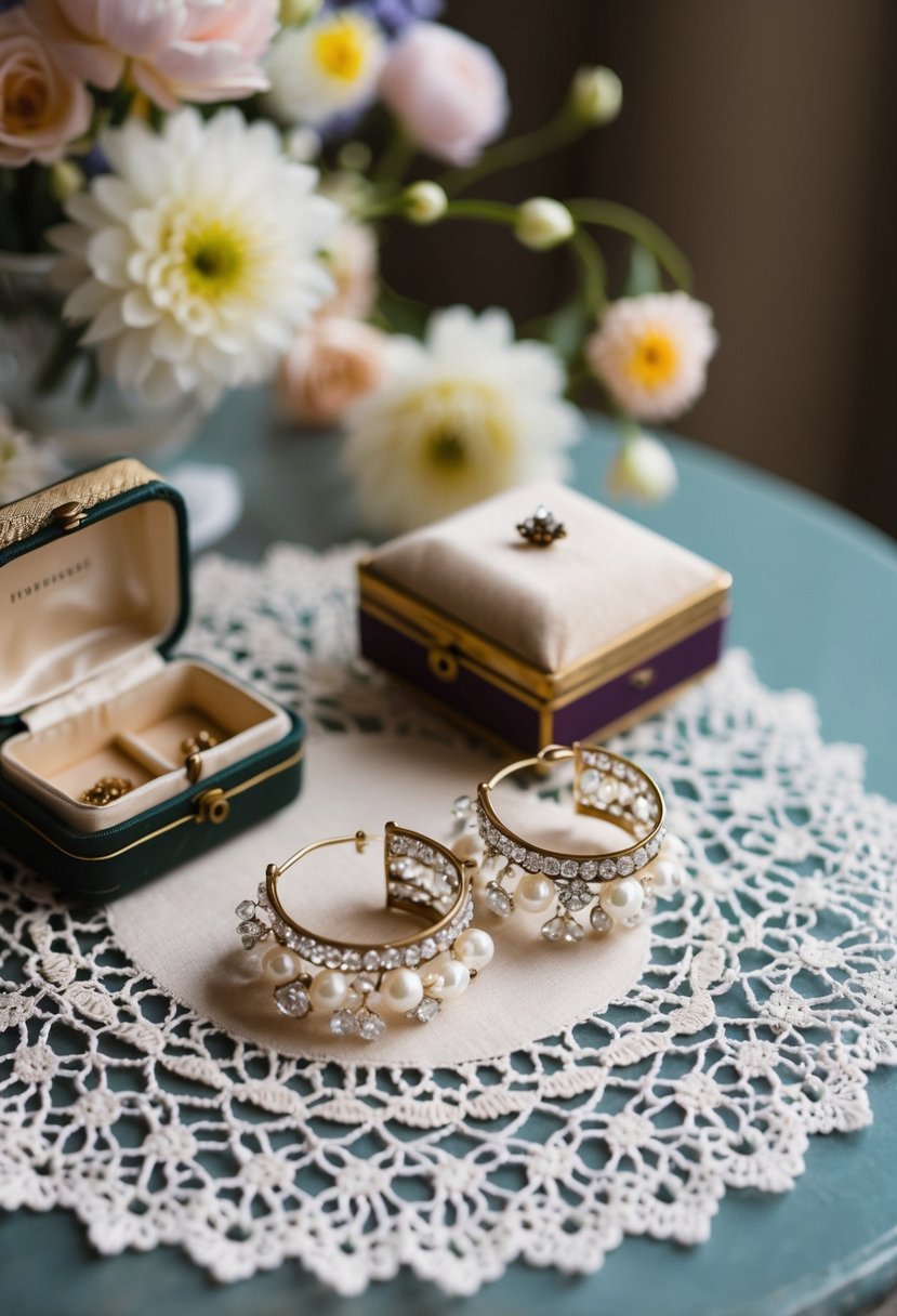 A vintage-inspired table with crystal and pearl ear cuffs displayed on a lace doily, surrounded by delicate flowers and antique jewelry boxes