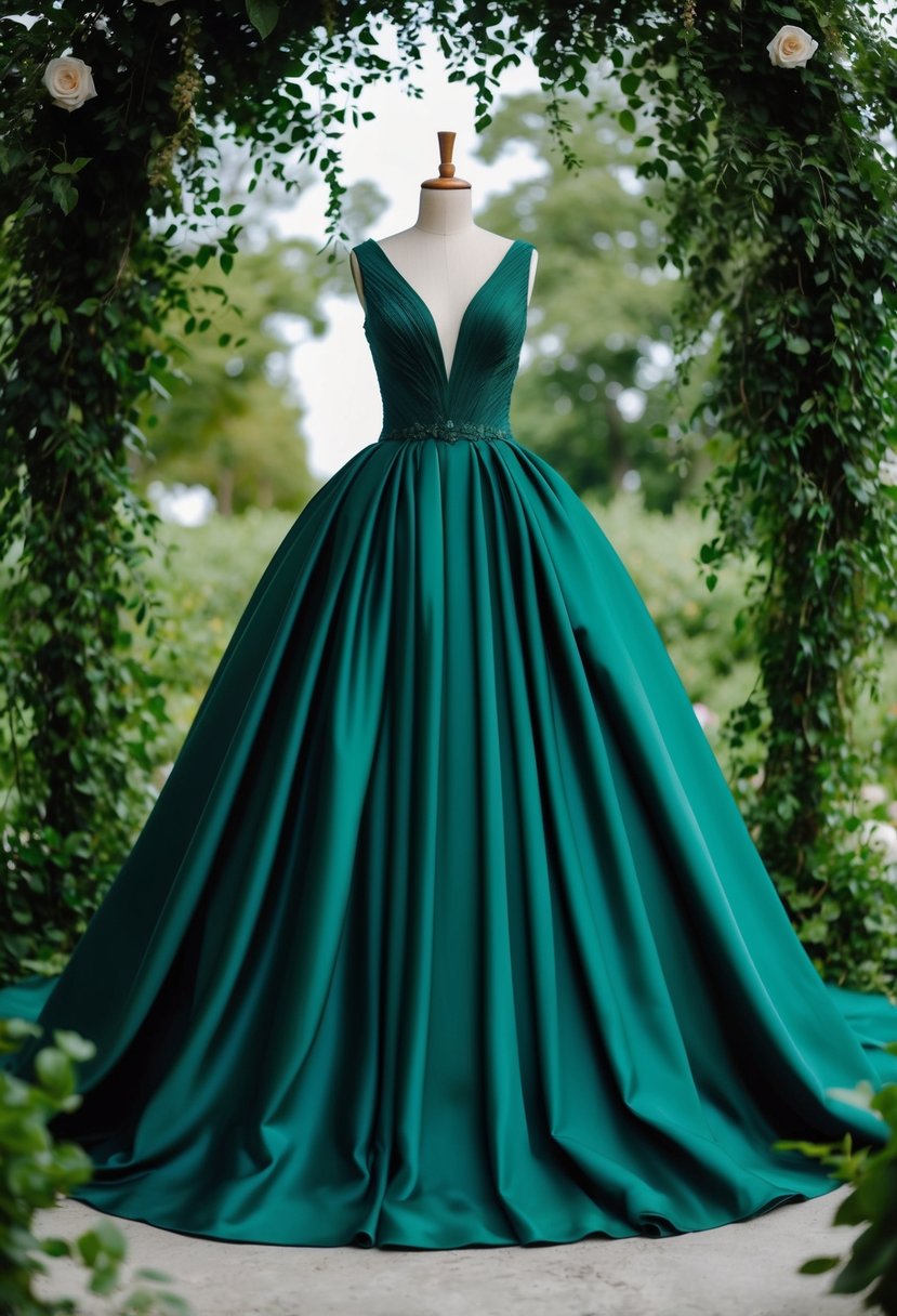 A dark forest green ball gown drapes elegantly over a mannequin, surrounded by lush greenery for a wedding dress idea