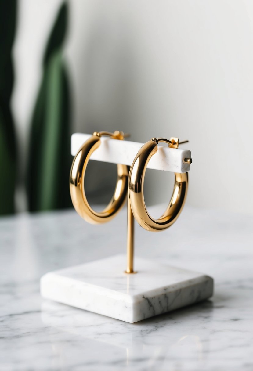 A simple, elegant display of gold hoop earrings on a white marble surface