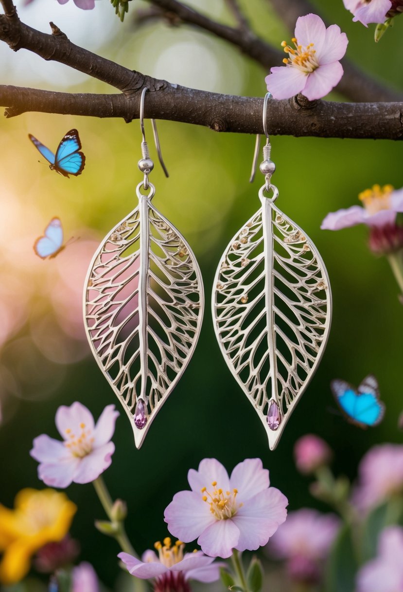 A pair of intricate leaf-shaped earrings dangle from a tree branch, surrounded by blooming flowers and fluttering butterflies