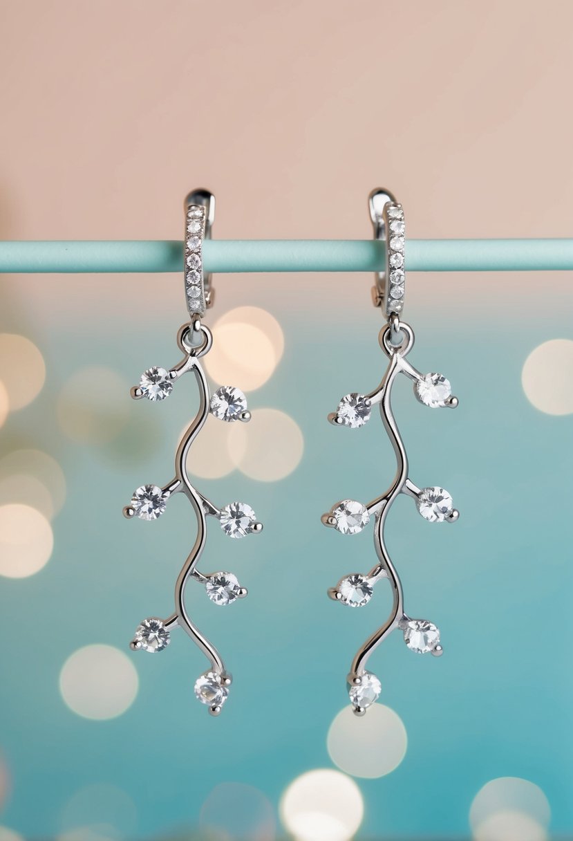 Two elegant silver vine earrings delicately intertwined with shimmering crystals, set against a soft pastel background