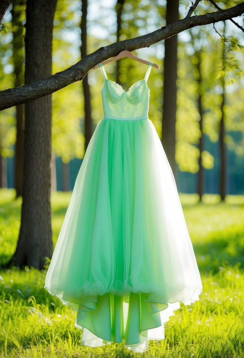 A flowing light green tulle dress hangs from a tree branch in a sunlit forest clearing