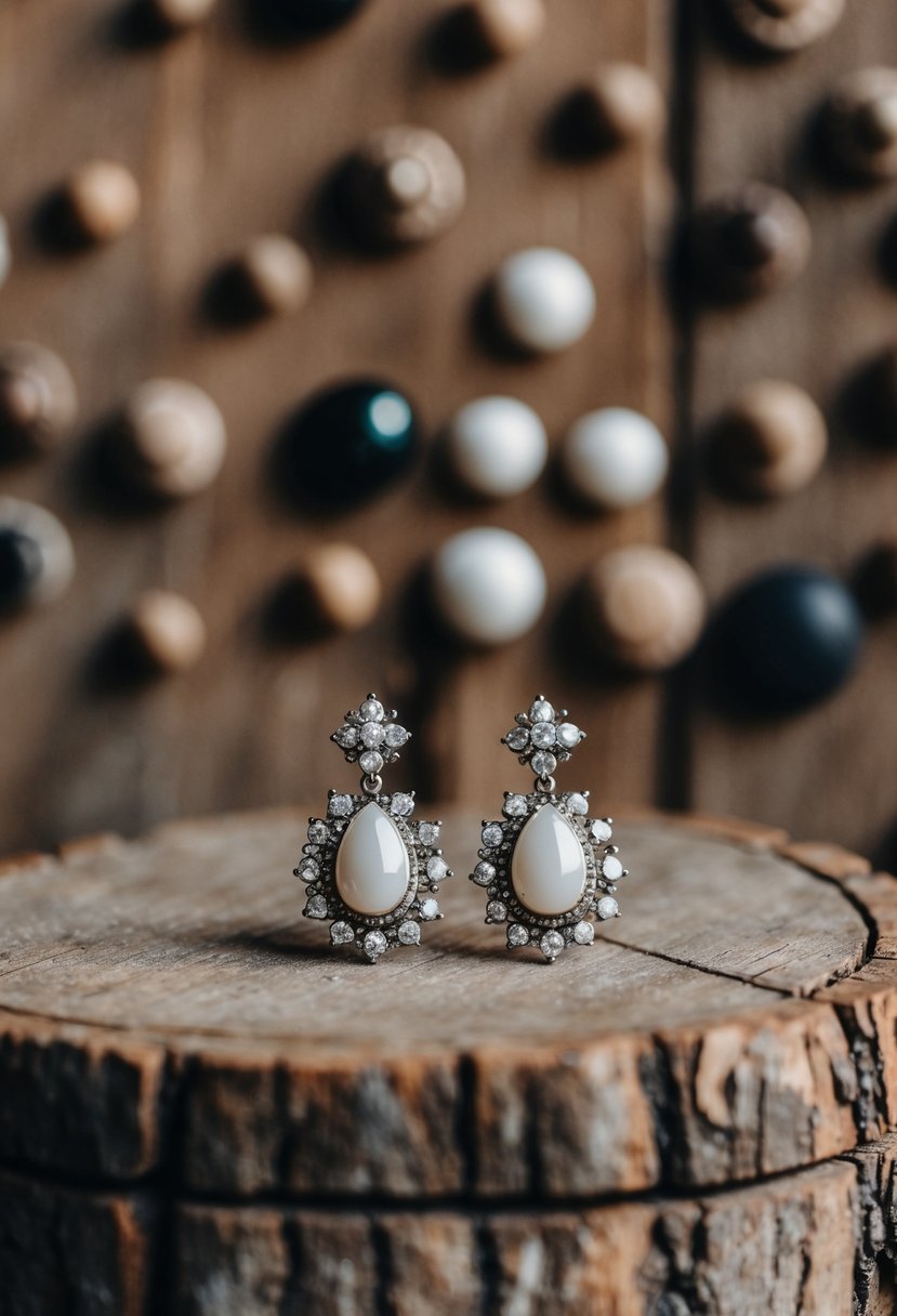 A rustic wooden table adorned with vintage 60s-inspired wedding earrings, set against a backdrop of weathered wooden studs