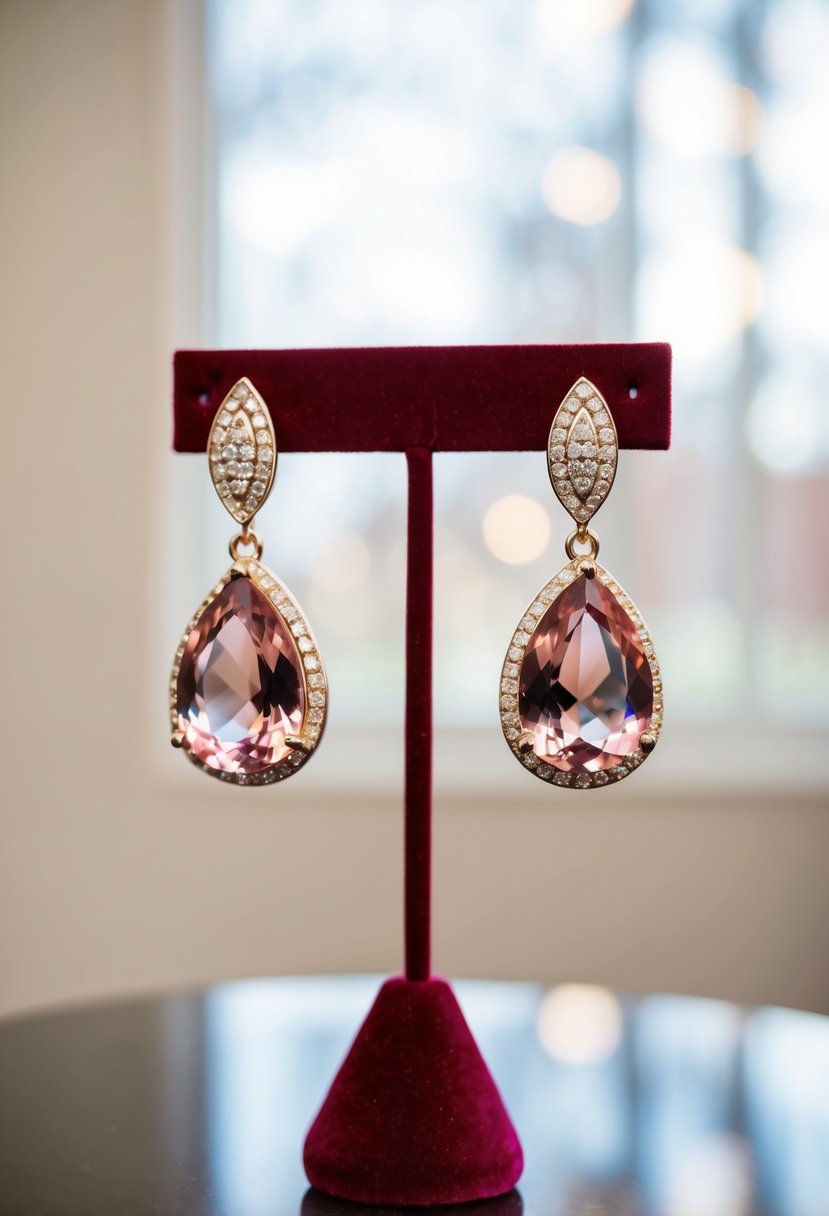 A pair of blush pink gemstone drop earrings displayed on a velvet jewelry stand