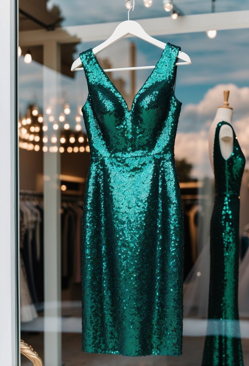 A sequin emerald sheath dress hanging on a mannequin in a bridal boutique window display