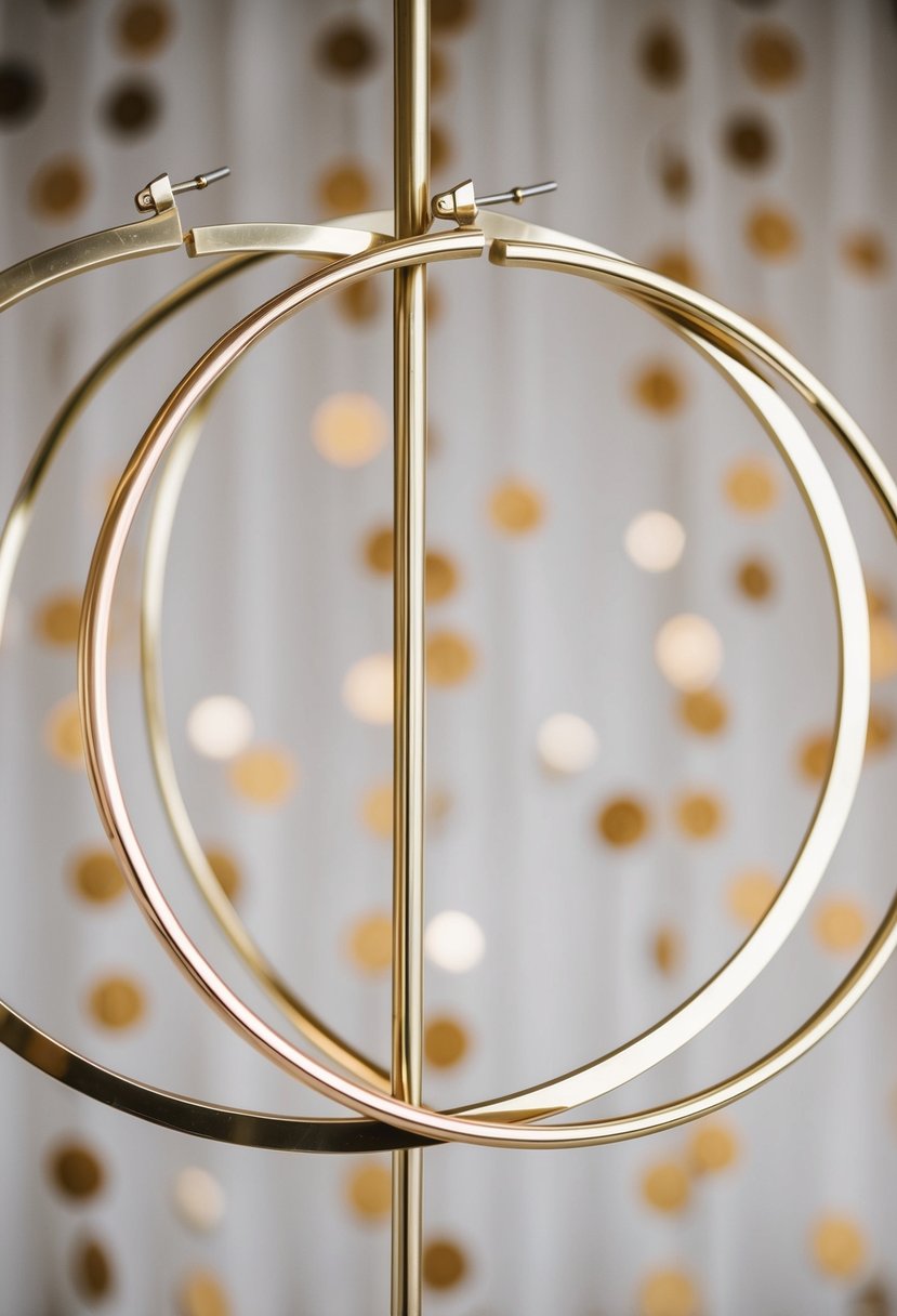 A close-up of modern geometric hoops against a 60s-inspired wedding backdrop